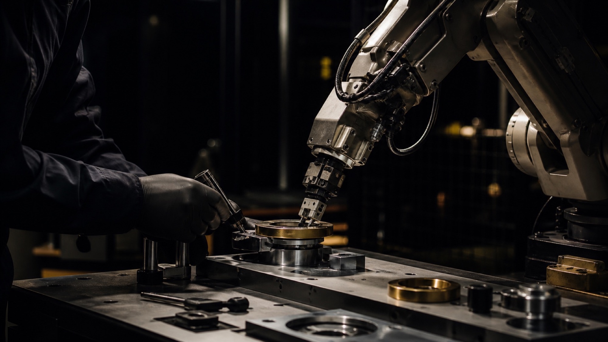 A human engineer calibrating a precision industrial robot in a dark workshop