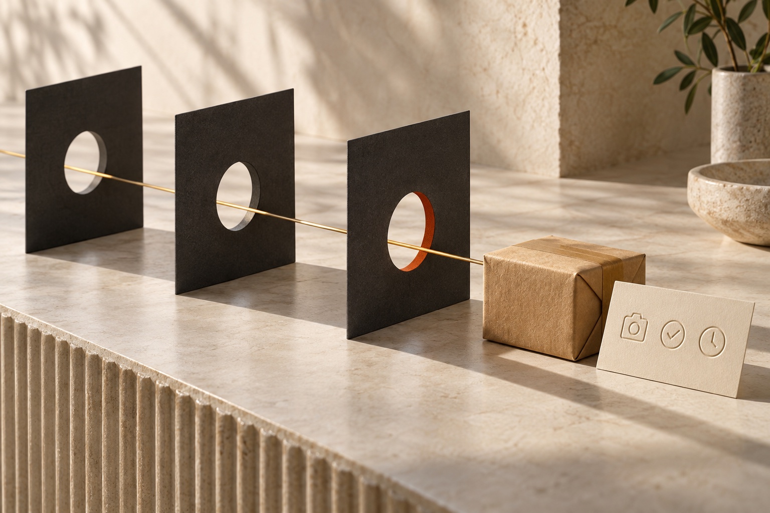 A parcel and evidence card at the end of a gold path through charcoal checkpoints on an ivory surface
