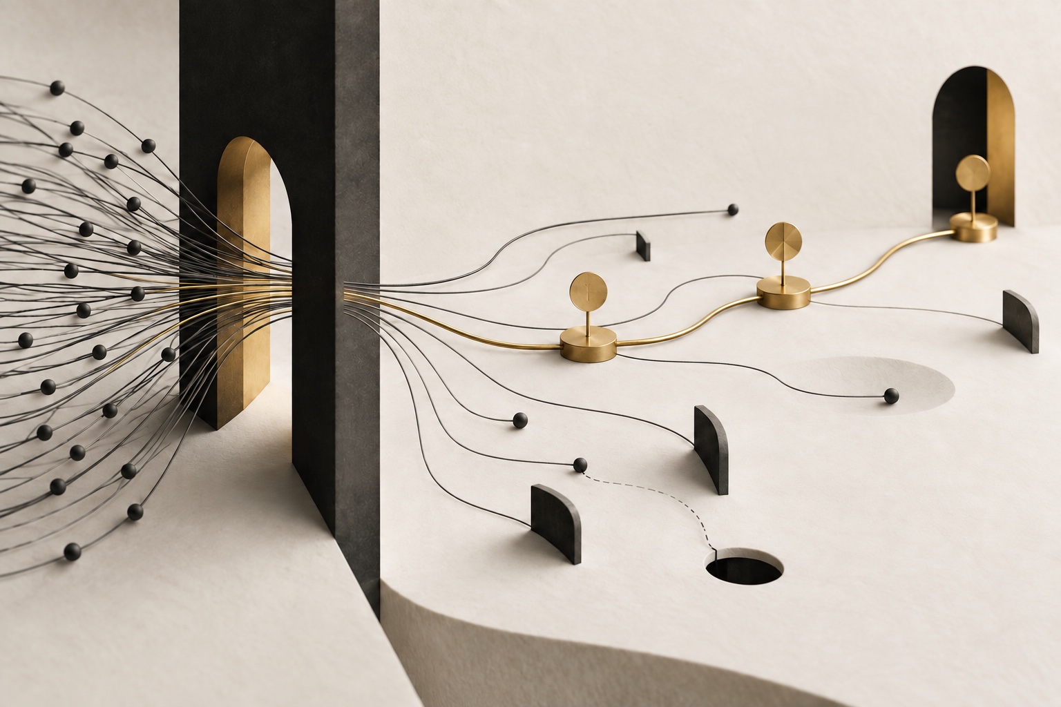 Fine visitor paths crossing a dark threshold, with a few continuing through gold milestones while others stop or fade
