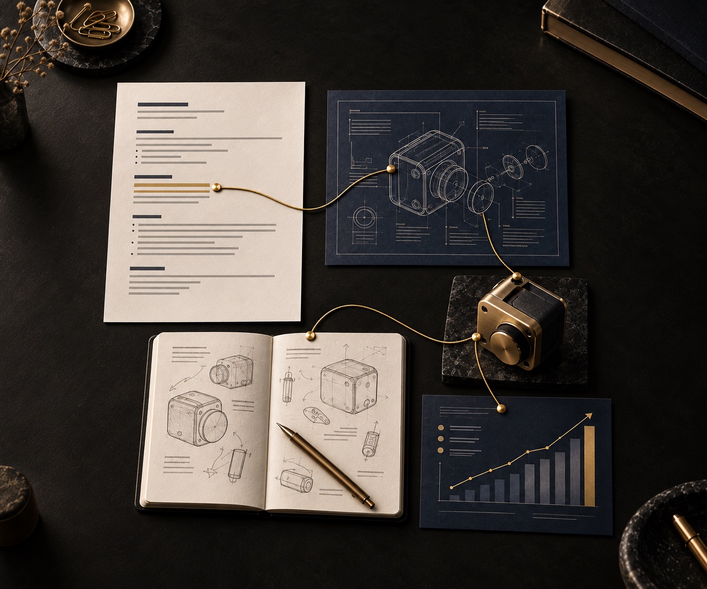 A résumé claim connected by a gold evidence trail to a technical diagram, prototype, decision notebook, and outcome chart