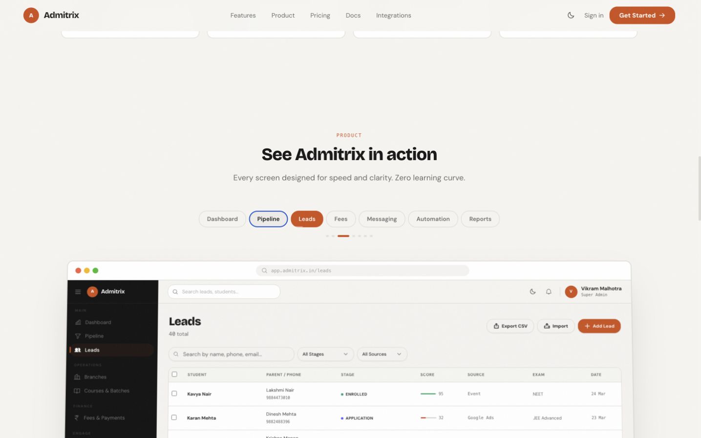 Admitrix admissions CRM showing leads, stages, sources, and student pipeline status