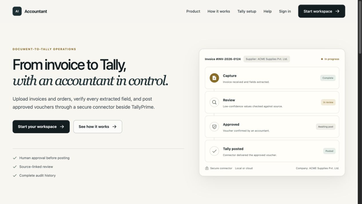 AI Accountant document-to-Tally workflow showing capture, review, accountant approval, and secure posting