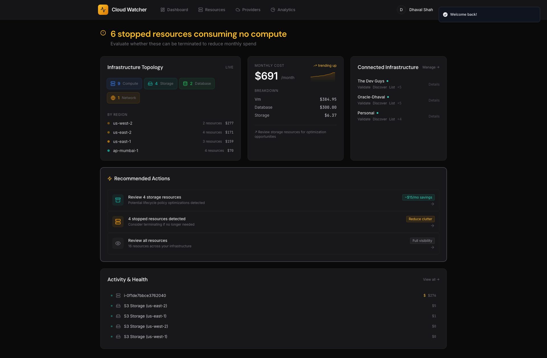CloudWatcher dashboard showing infrastructure topology, monthly cost, connected providers, and recommended actions