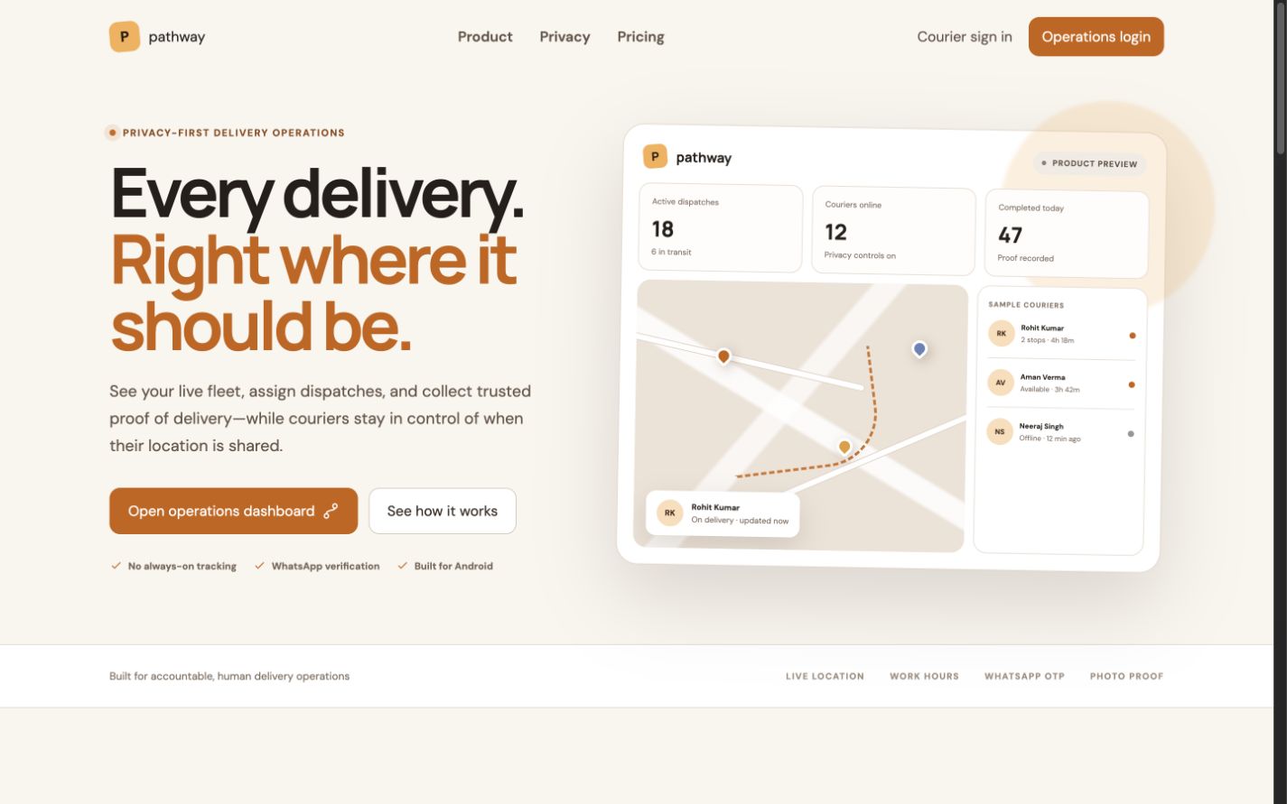 Pathway operations view with dispatches, couriers, live routes, and proof of delivery